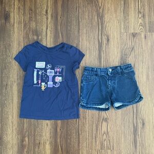 Cat & Jack 5T graphic top and XS (4/5) denim shorts